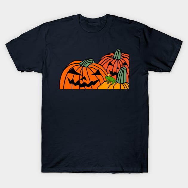 Halloween Horror Green Frog and Spooky Pumpkins T-Shirt by ellenhenryart
